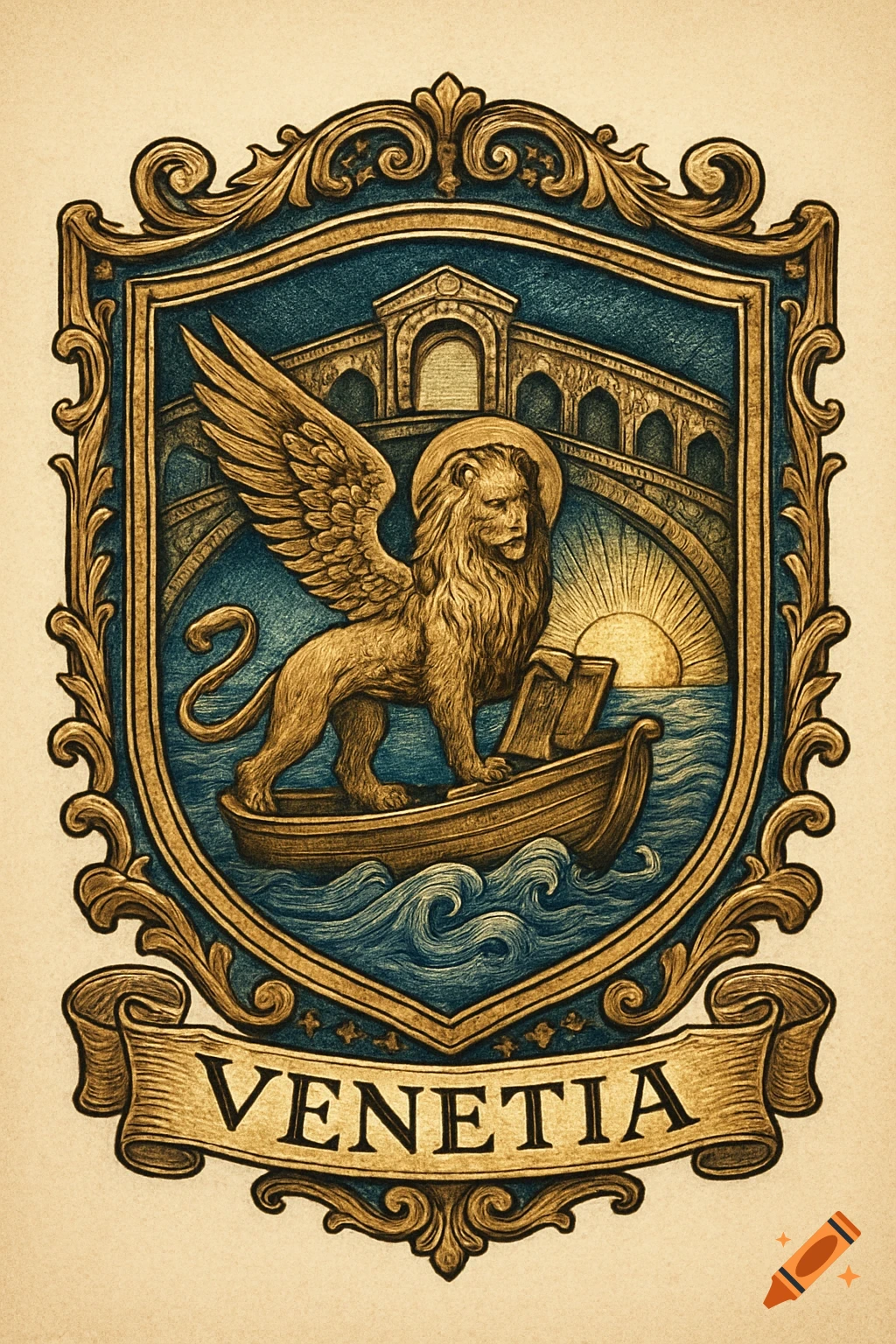 Hand-drawn emblem of Venice with a winged lion on a ship, bridge, and rising sun, framed by a shield with a banner reading 'VENETIA'.