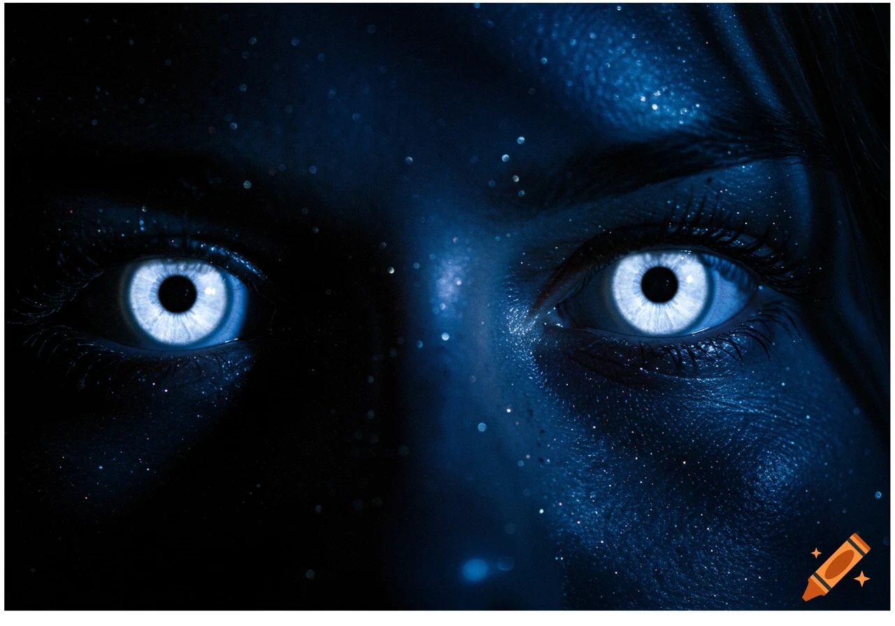 Close-up of a face with glowing white eyes and dark blue, glitter-speckled skin in dim light.