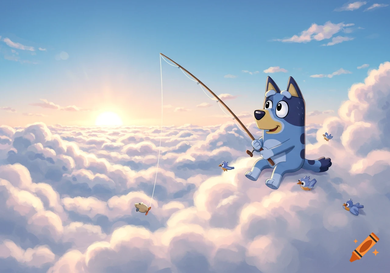 Bluey the cartoon dog sits on a cloud, fishing with a small fish on the line as birds fly around a sunrise sky.