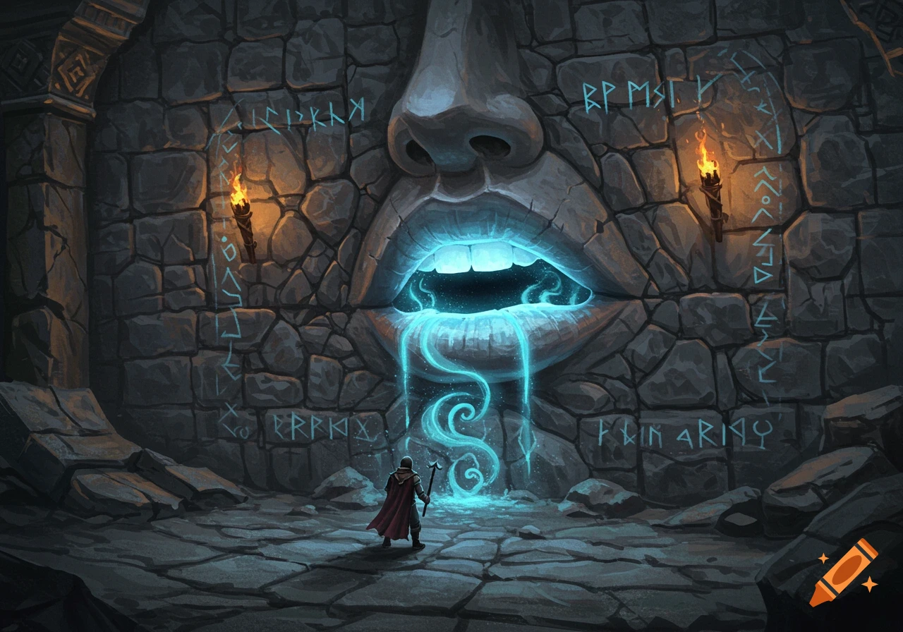 A robed figure stands before a massive stone face carved into a dungeon wall, its mouth glowing with blue magic, dripping energy.