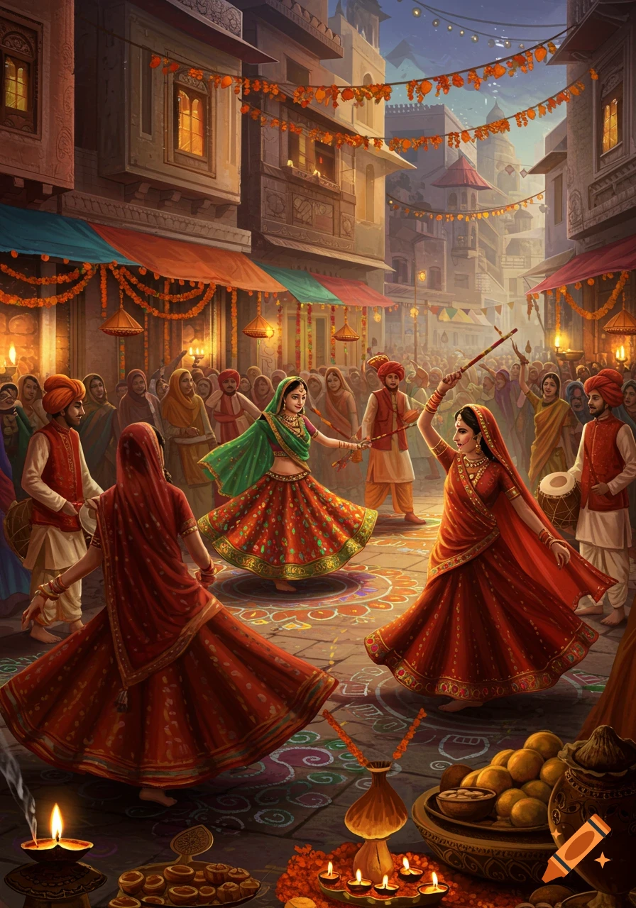 Colorful illustration of people in traditional attire dancing in a decorated street during an Indian festival at dusk.