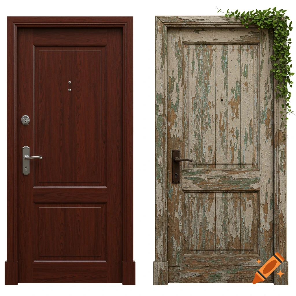 A new dark brown wooden door with a modern handle next to an old, weathered door with peeling paint and a vine.