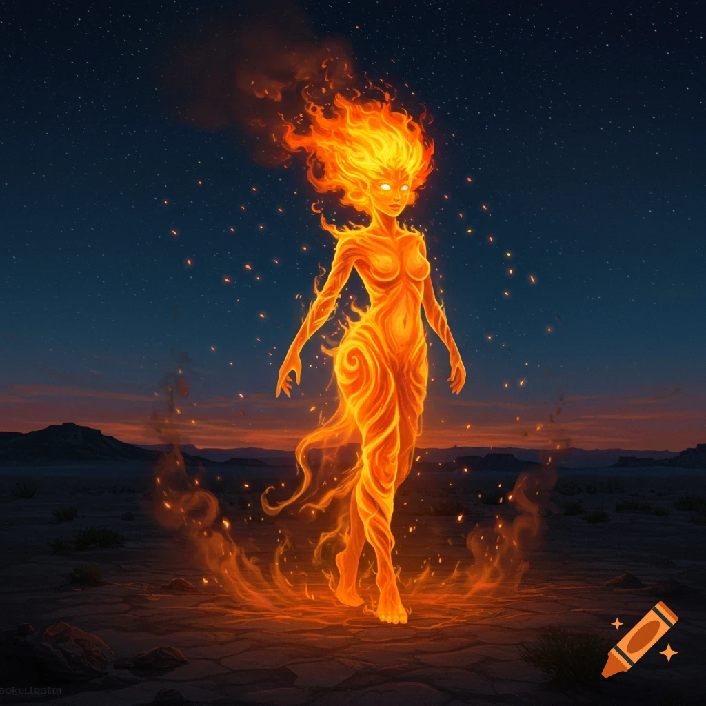 A glowing fire elemental female with fiery hair and body walks across a barren desert landscape under a starry night sky.