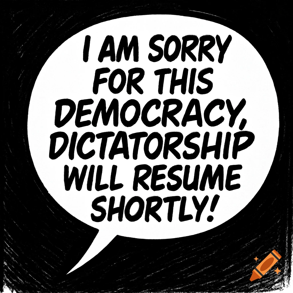 A black and white comic speech bubble reads: 'I AM SORRY FOR THIS DEMOCRACY, DICTATORSHIP WILL RESUME SHORTLY!'