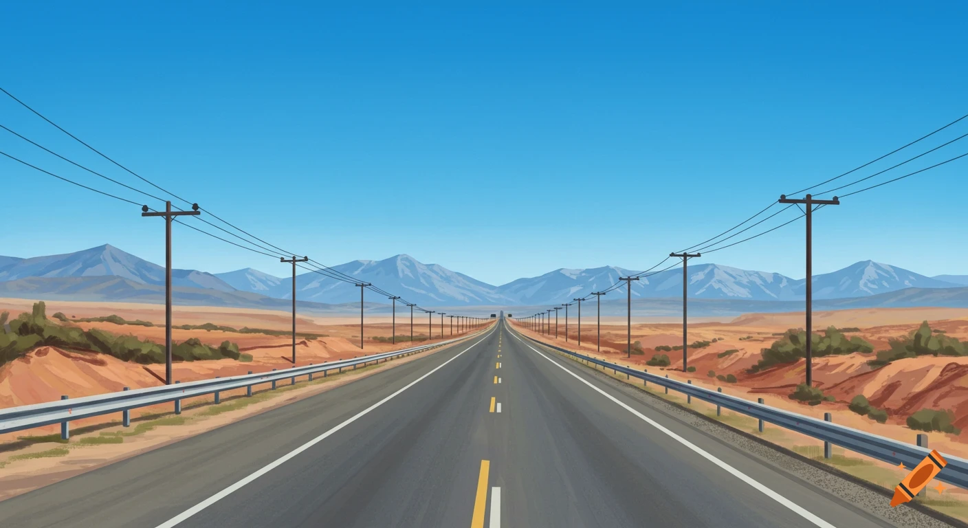 A long desert highway stretches towards mountains under a clear blue sky, with utility poles lining both sides. Illustration.