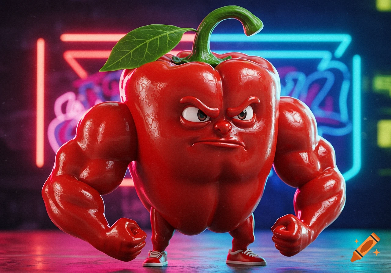 A muscular, angry red bell pepper character with biceps and sneakers stands in front of blurry neon lights.