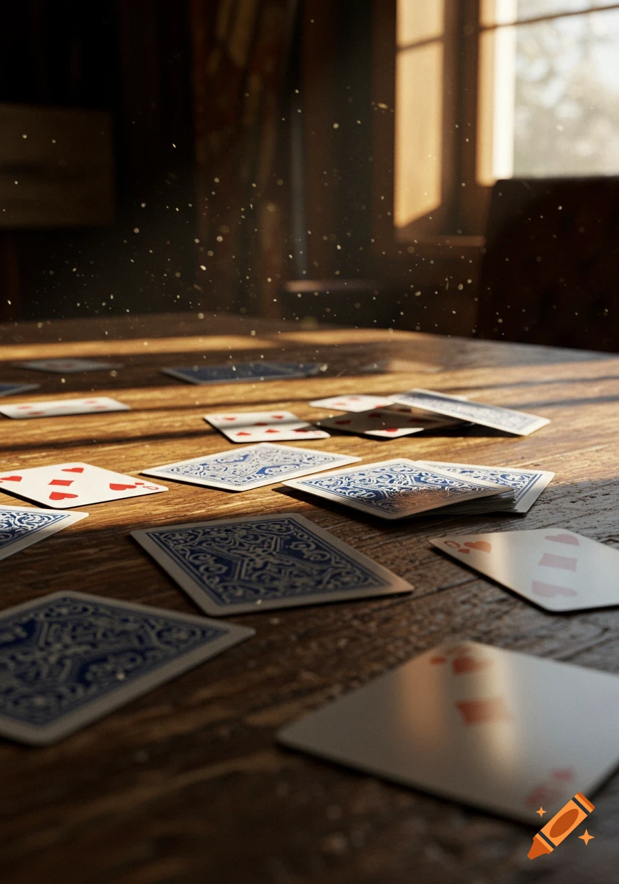 Photorealistic close-up of scattered playing cards on a rustic wooden table, illuminated by sunlight filtering through a window, with dust motes in the air.