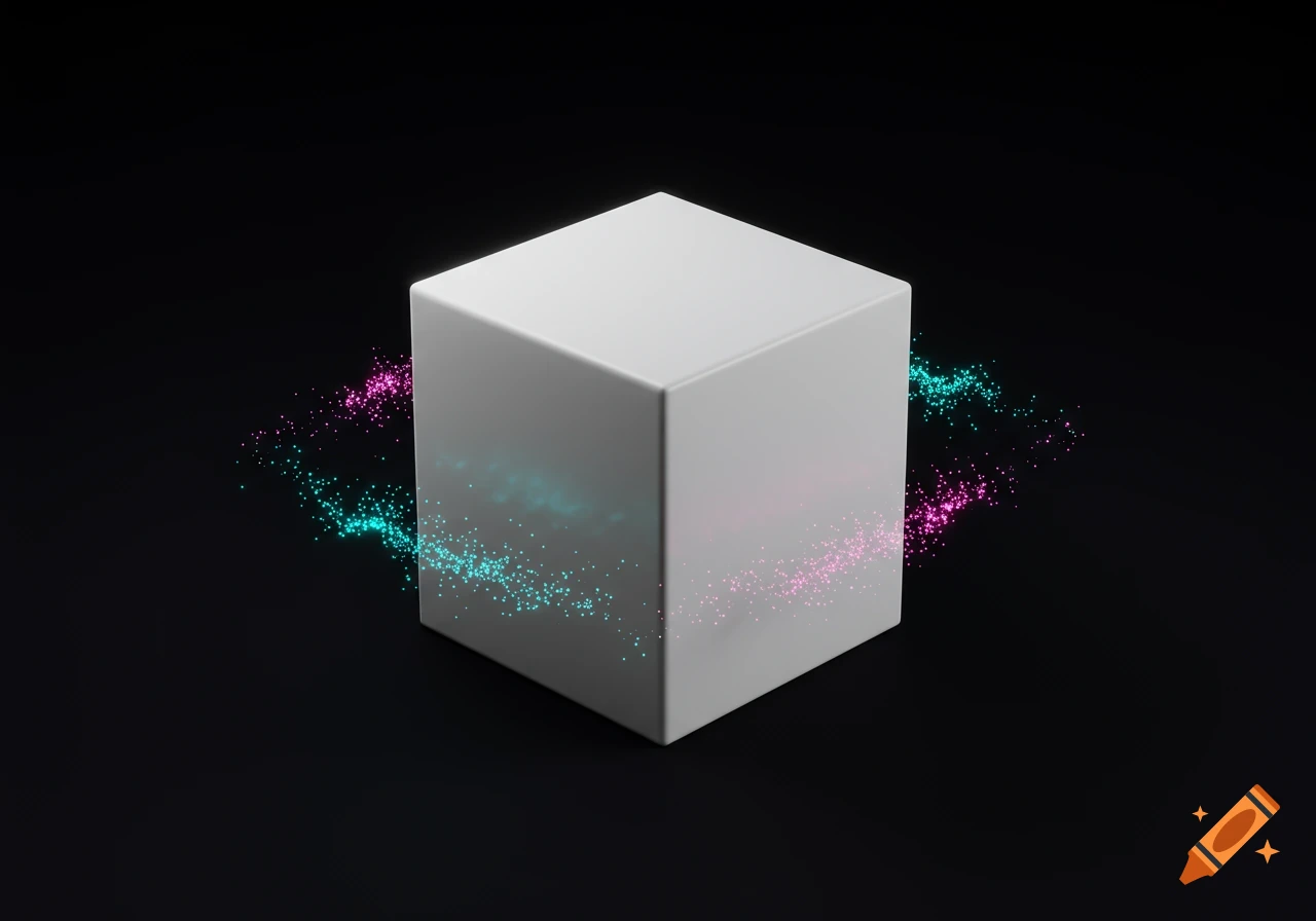 A white cube on a black background, with glowing cyan and magenta particle trails swirling around its base.