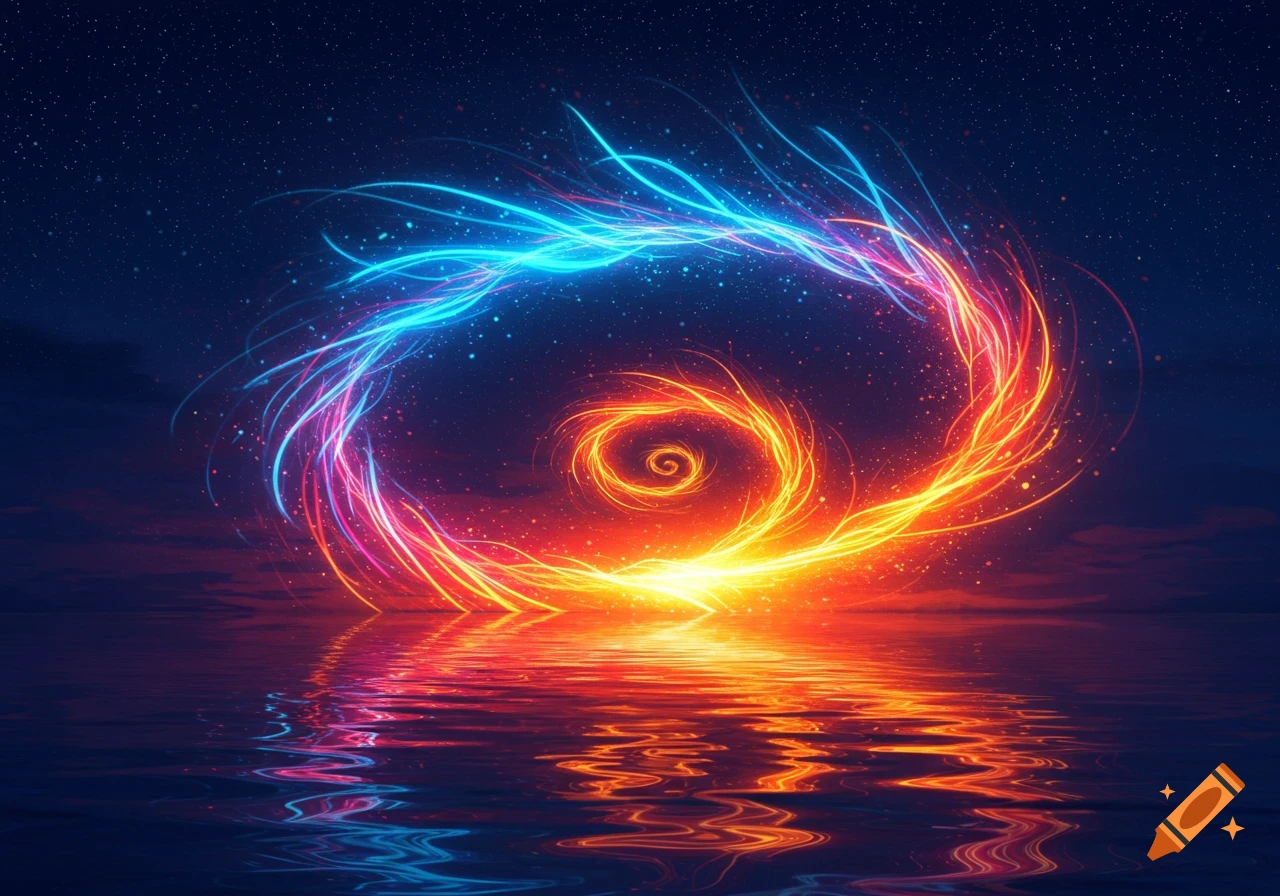Vibrant blue and orange swirling light forms a spiral over reflective water under a starry night sky.