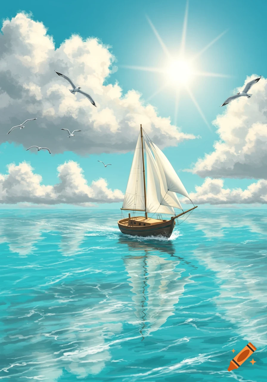 A vibrant illustration of a sailboat on a bright blue ocean under a sunny sky with clouds and seagulls.