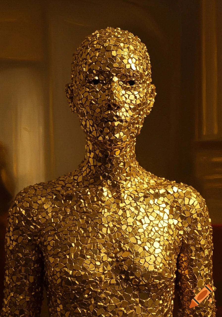 A detailed oil painting of a human figure covered entirely in shimmering gold mosaic pieces under Renaissance lighting.