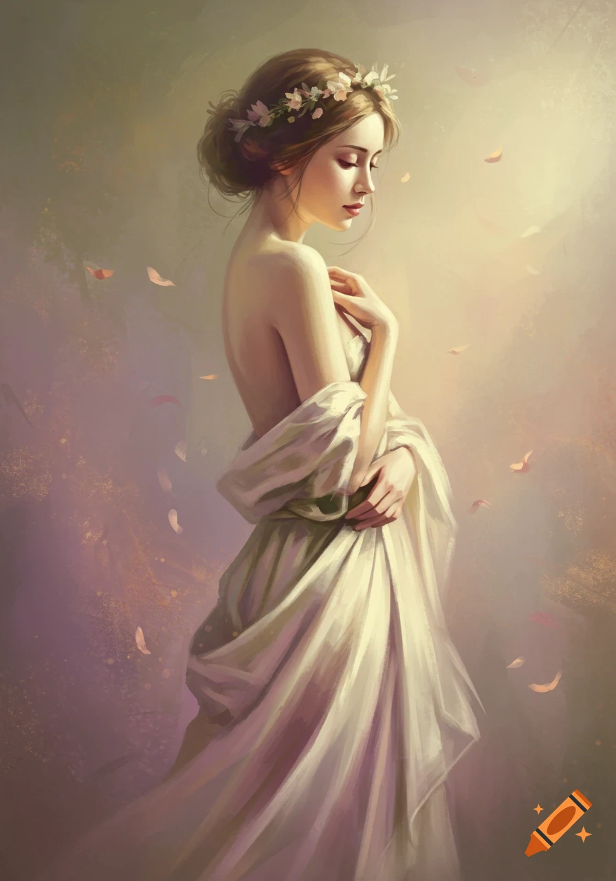 Impressionist painting of a graceful woman in a floral crown, draped in white cloth, bathed in soft light with floating petals.