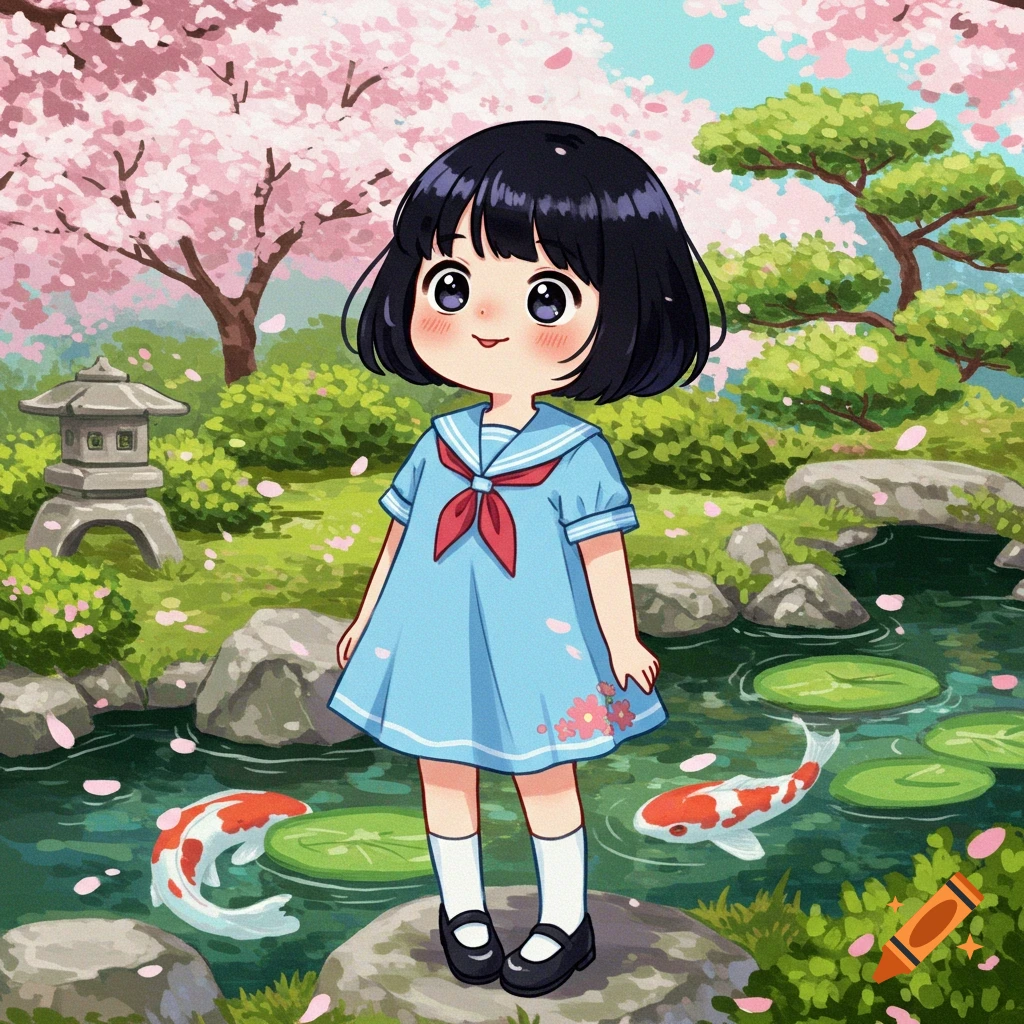 A cute anime girl with black hair and a blue sailor dress stands in a Japanese garden with cherry blossoms, a stone lantern, and koi fish in a pond.