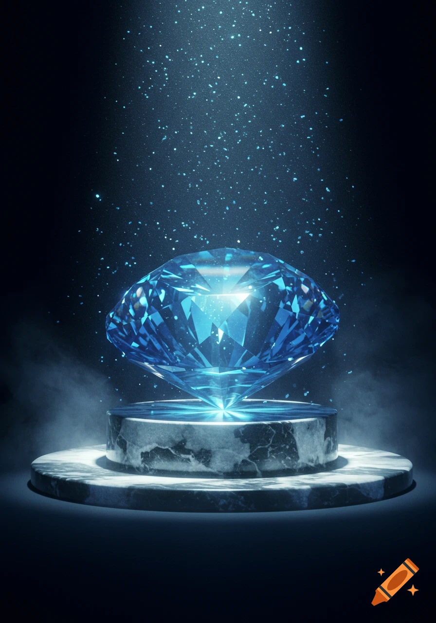A brilliant blue faceted gemstone rests on a round marble pedestal, illuminated by sparkling light particles in a dark, moody setting.