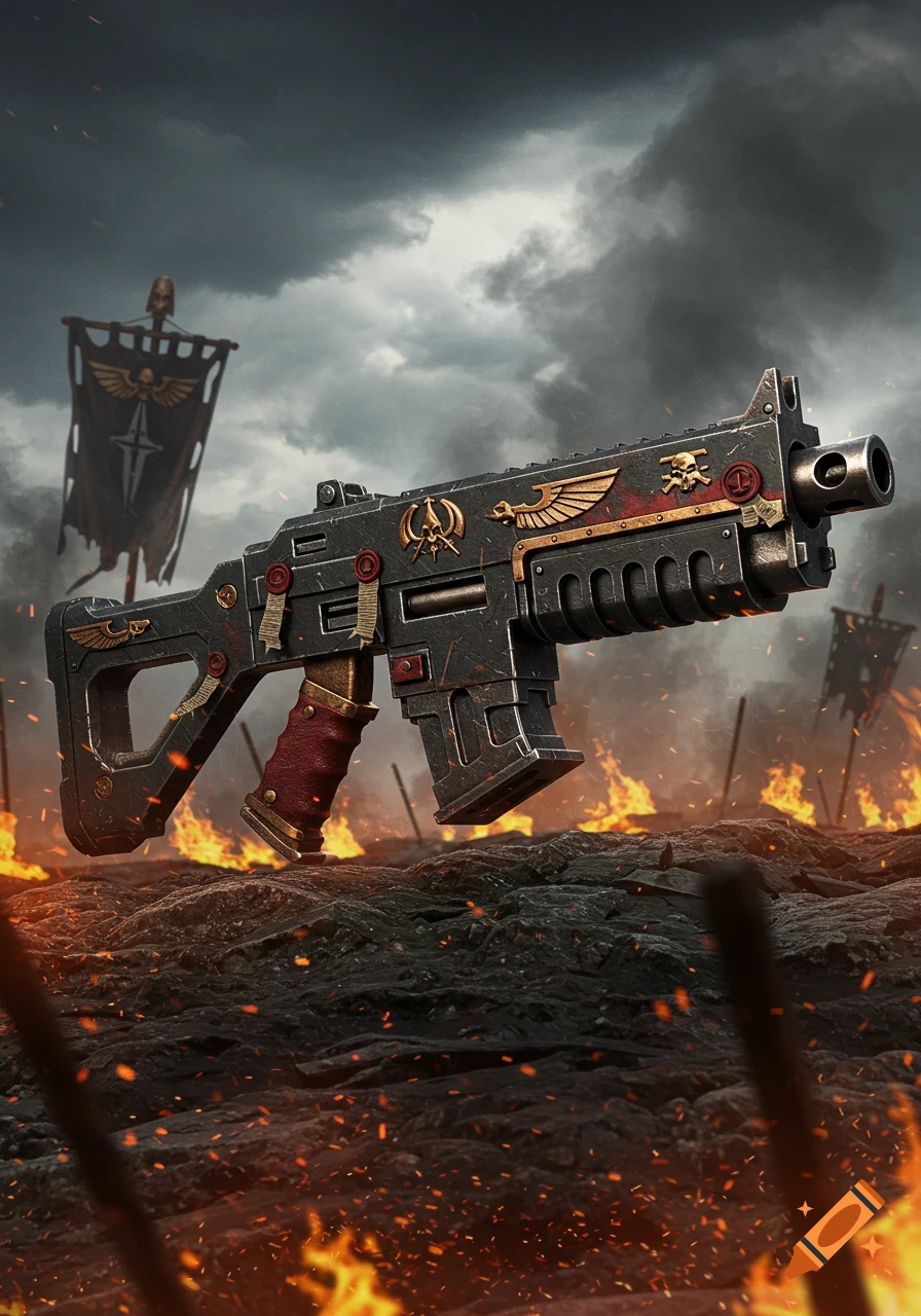 A detailed Warhammer 40k bolter weapon with gold and red accents, floating over a fiery battlefield with dark banners under a cloudy sky.