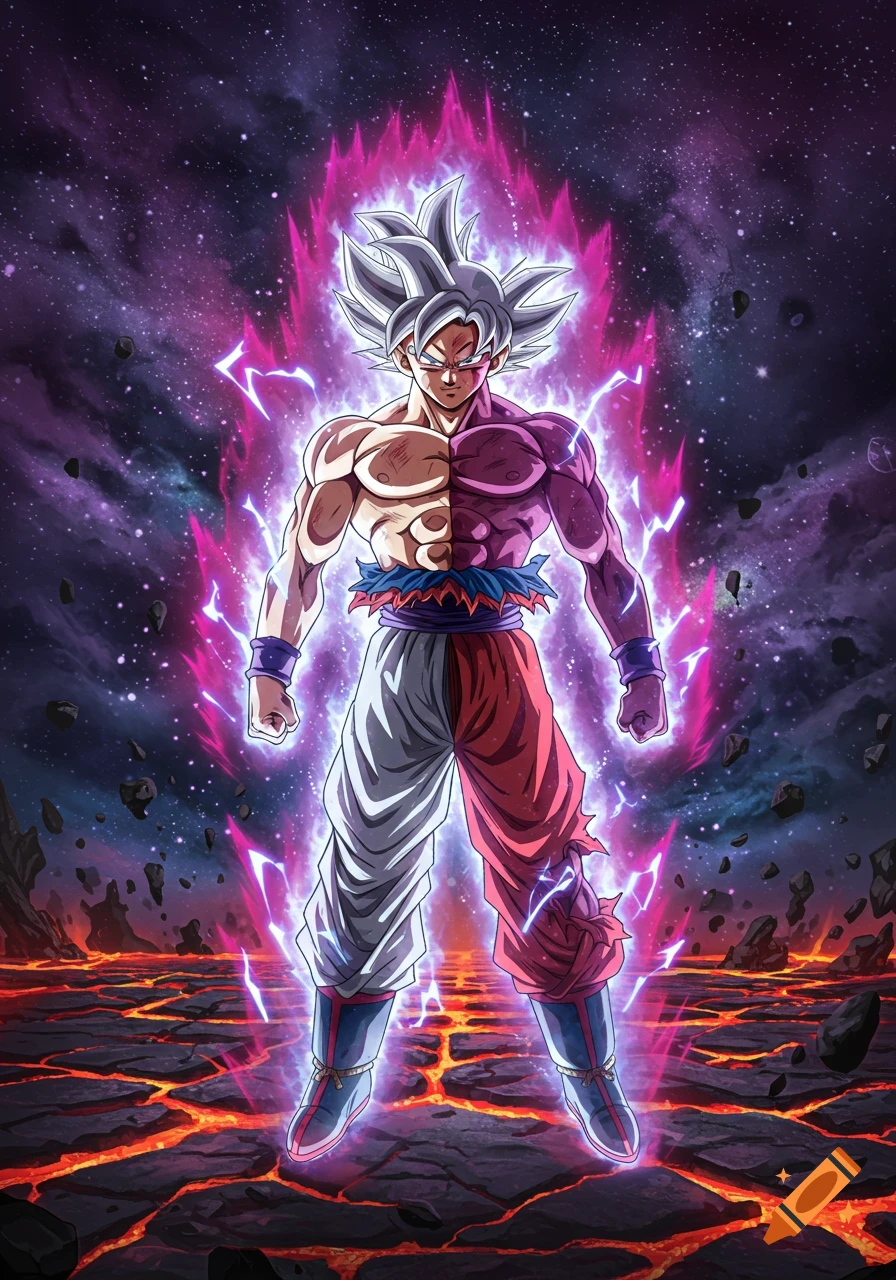 A powerful anime character, a fusion of Goku and Vegeta, glowing purple and pink on cracked fiery ground under a starry galaxy sky.