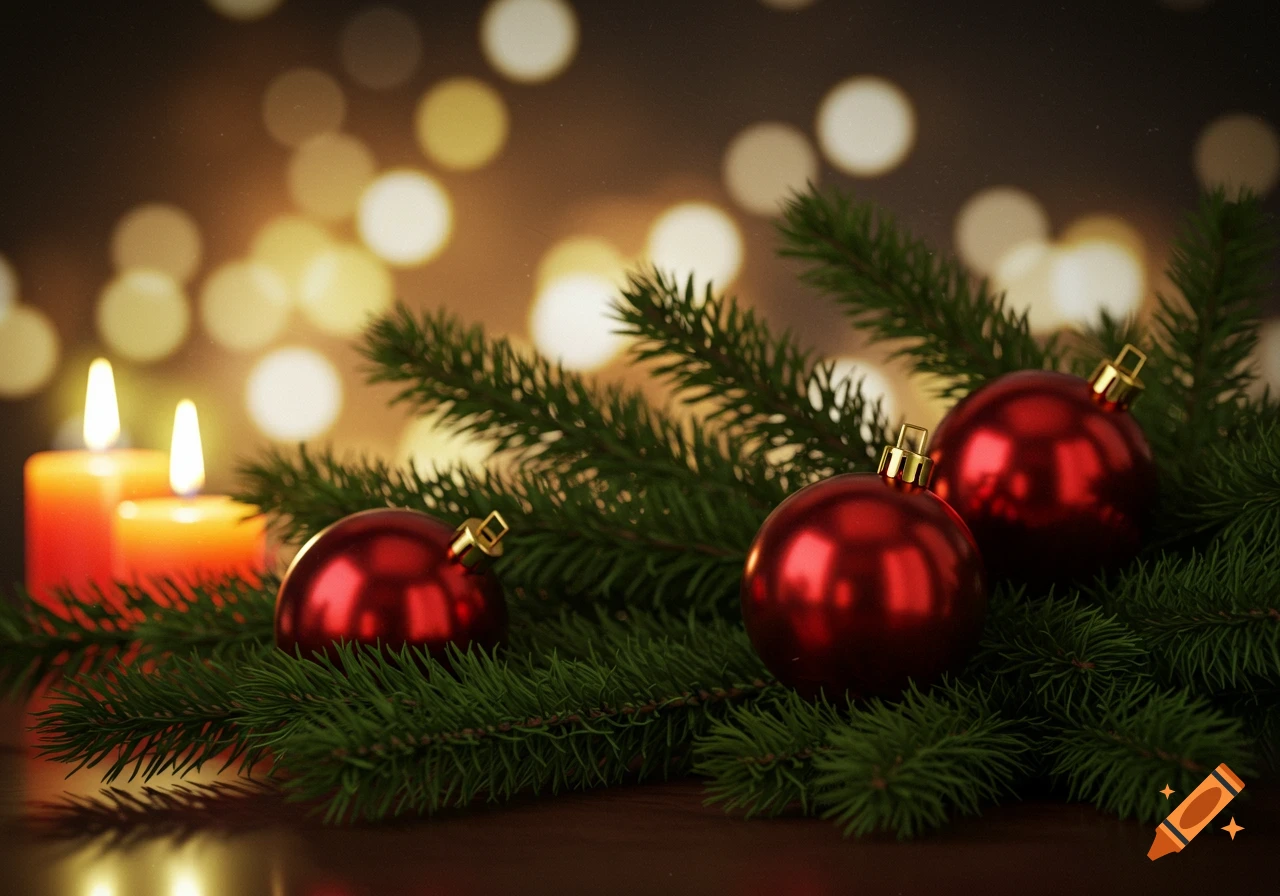 Lit candles, fir branches, and red Christmas baubles on a reflective surface with golden bokeh lights.