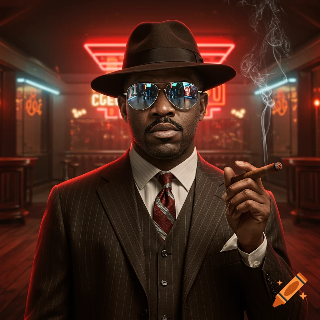 Photorealistic portrait of a stylish man in a fedora, pinstripe suit, and sunglasses, smoking a cigar in a neon-lit bar.