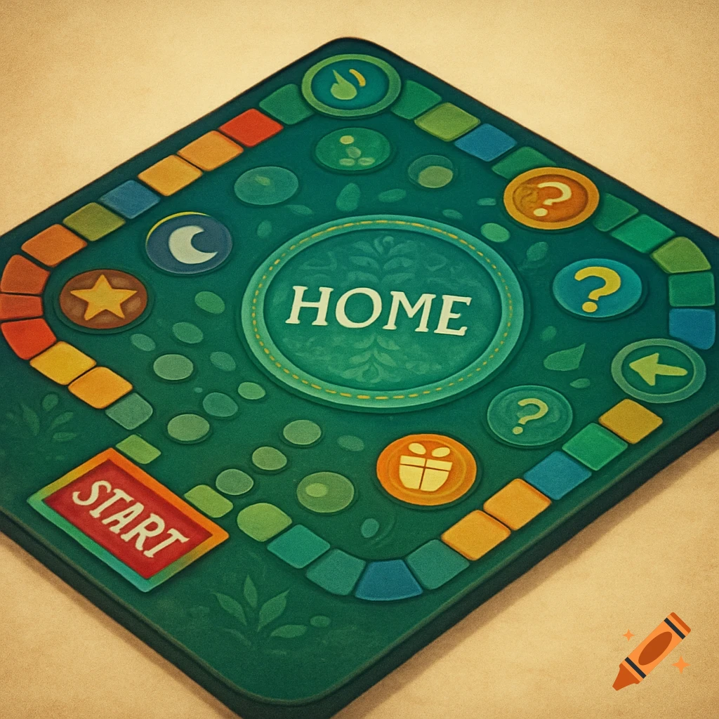 A stylized teal board game with colorful squares, a red 'START' box, and 'HOME' in a central green circle.
