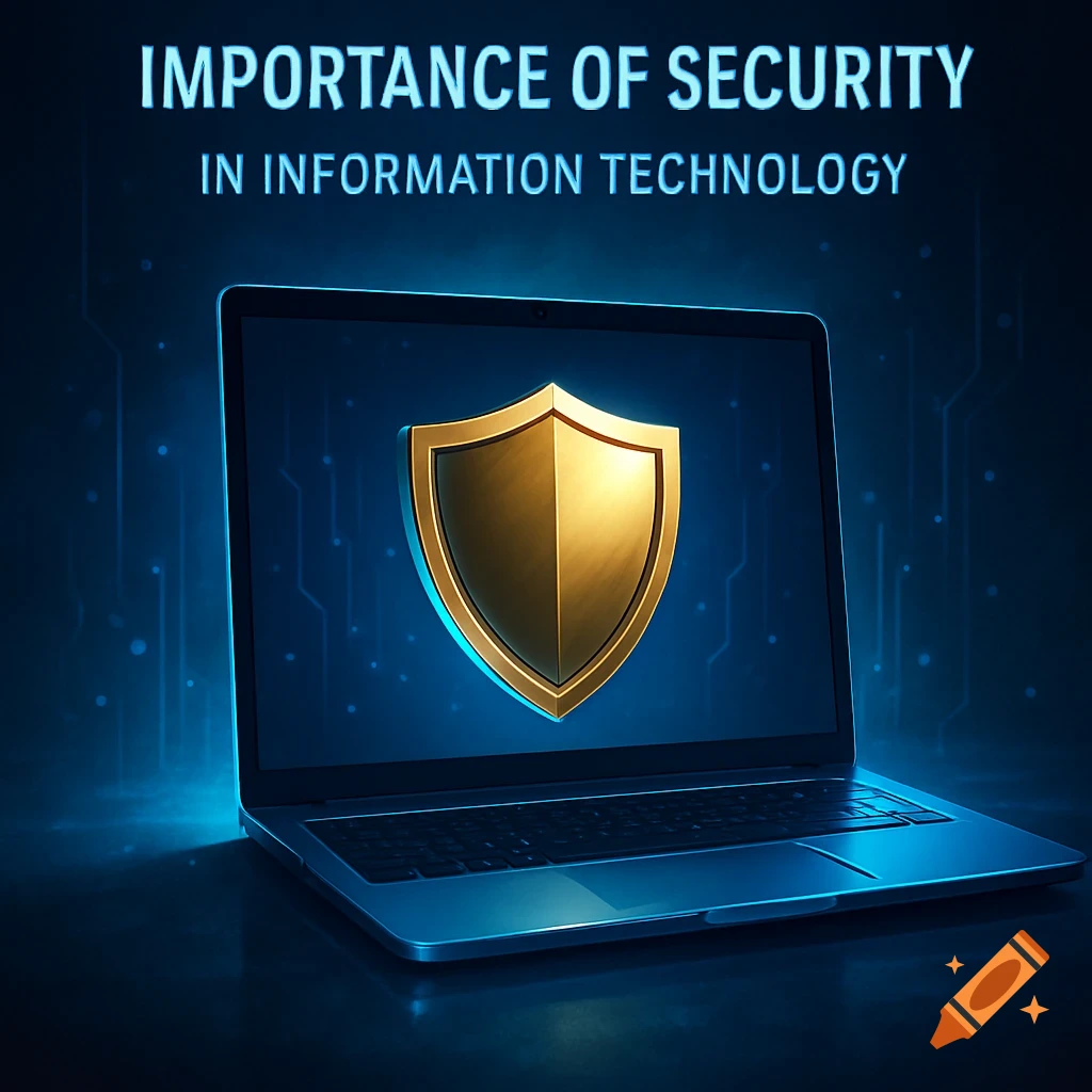 Laptop with a glowing golden shield on screen and 'Importance of Security in Information Technology' text, dark tech background.