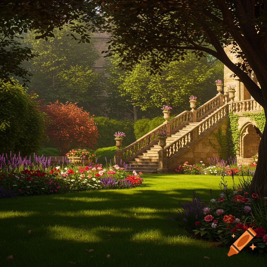 A lush, luxurious castle garden with a grand stone staircase, vibrant red and purple flowers, green lawns, and tall trees under dappled sunlight.