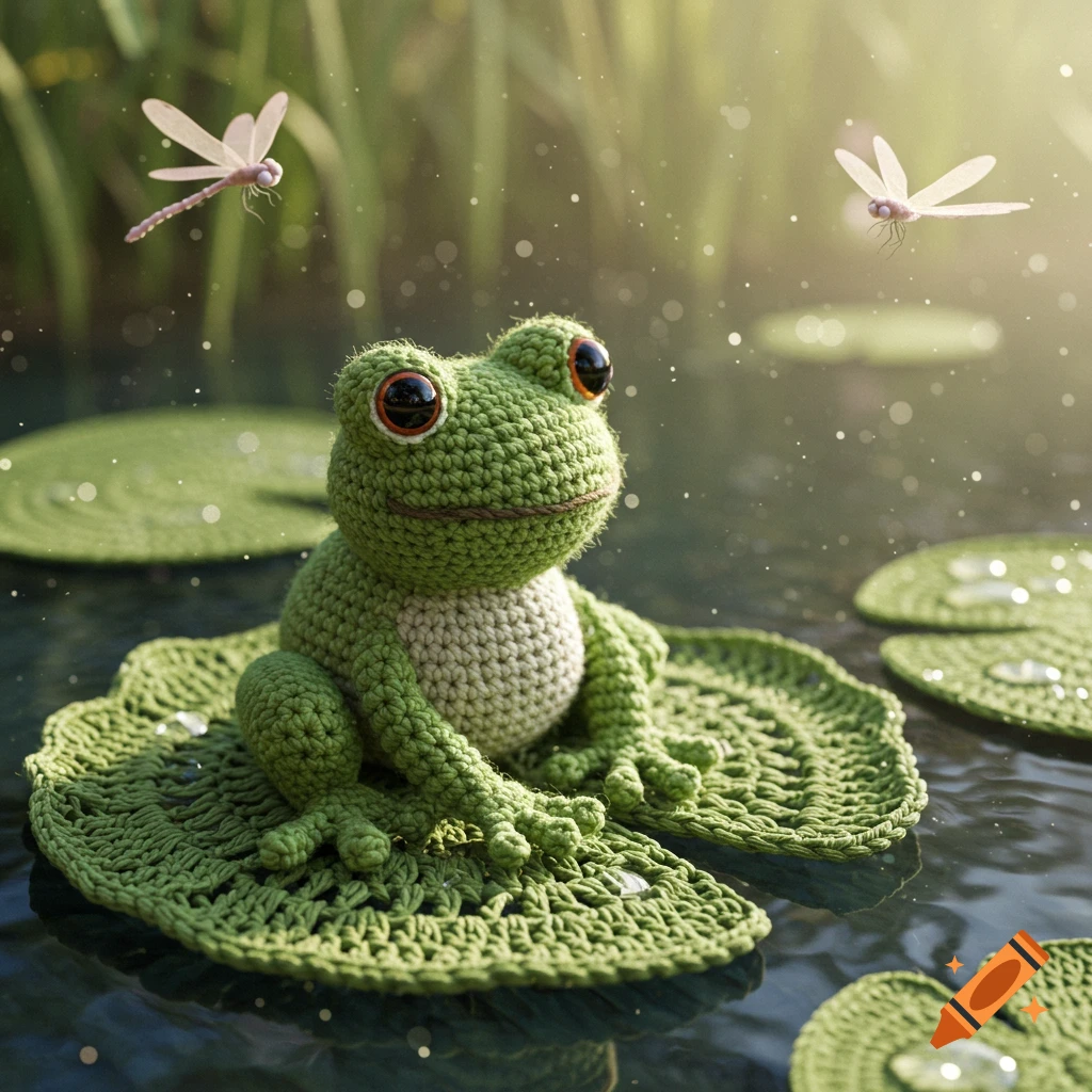 A cute green amigurumi crochet frog with big eyes sits on a lily pad in water, with dragonflies flying above, in a photorealistic style.