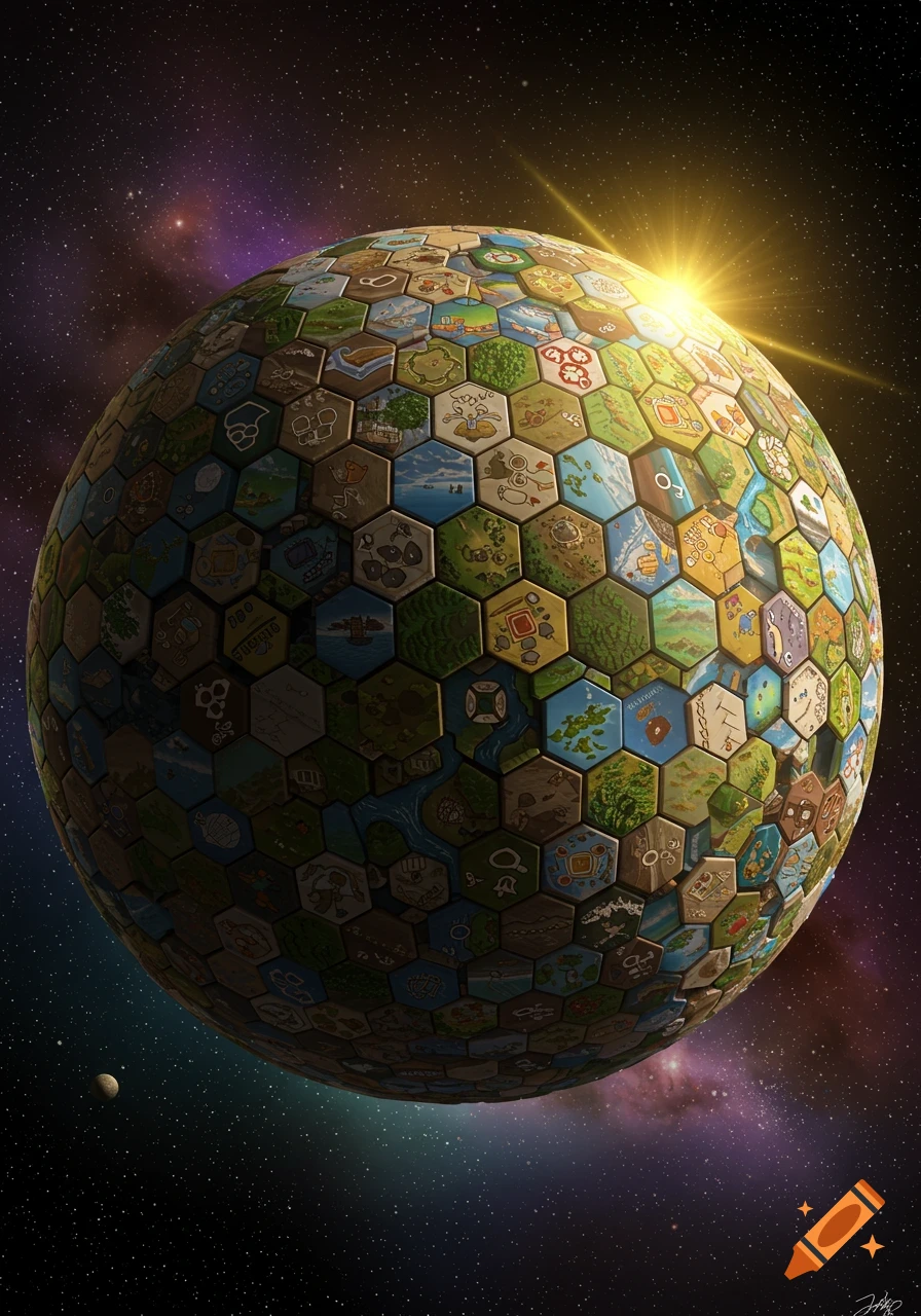 A colorful planet made of hexagonal board game tiles, featuring diverse terrains and resources, floating in starry space with a bright sun.