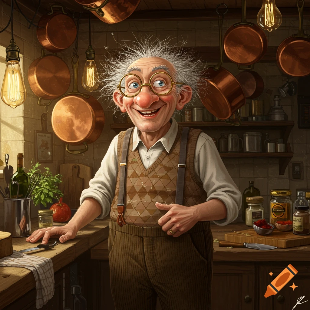 A smiling, disheveled old man with round glasses and a patterned vest stands in a rustic kitchen among copper pots.