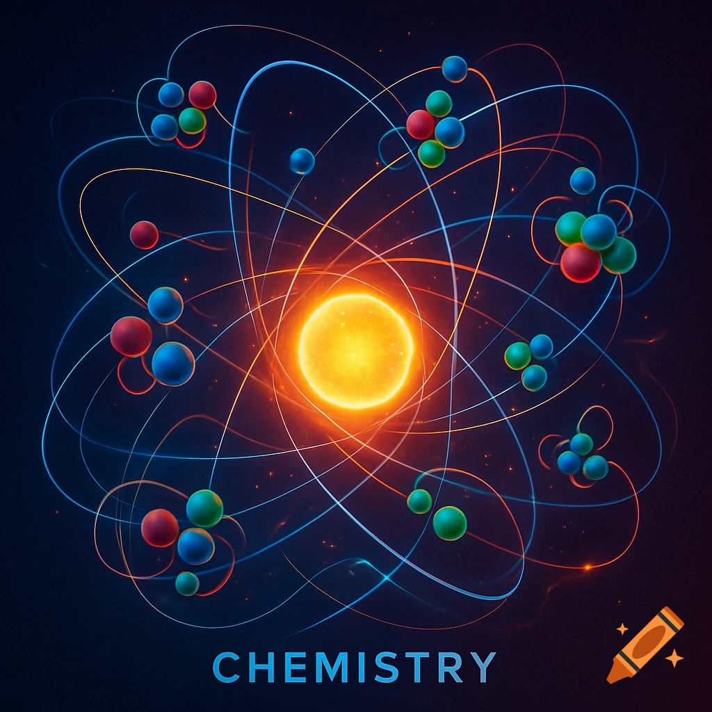 Abstract glowing atom or molecular structure with orbiting particles and the word CHEMISTRY at the bottom.