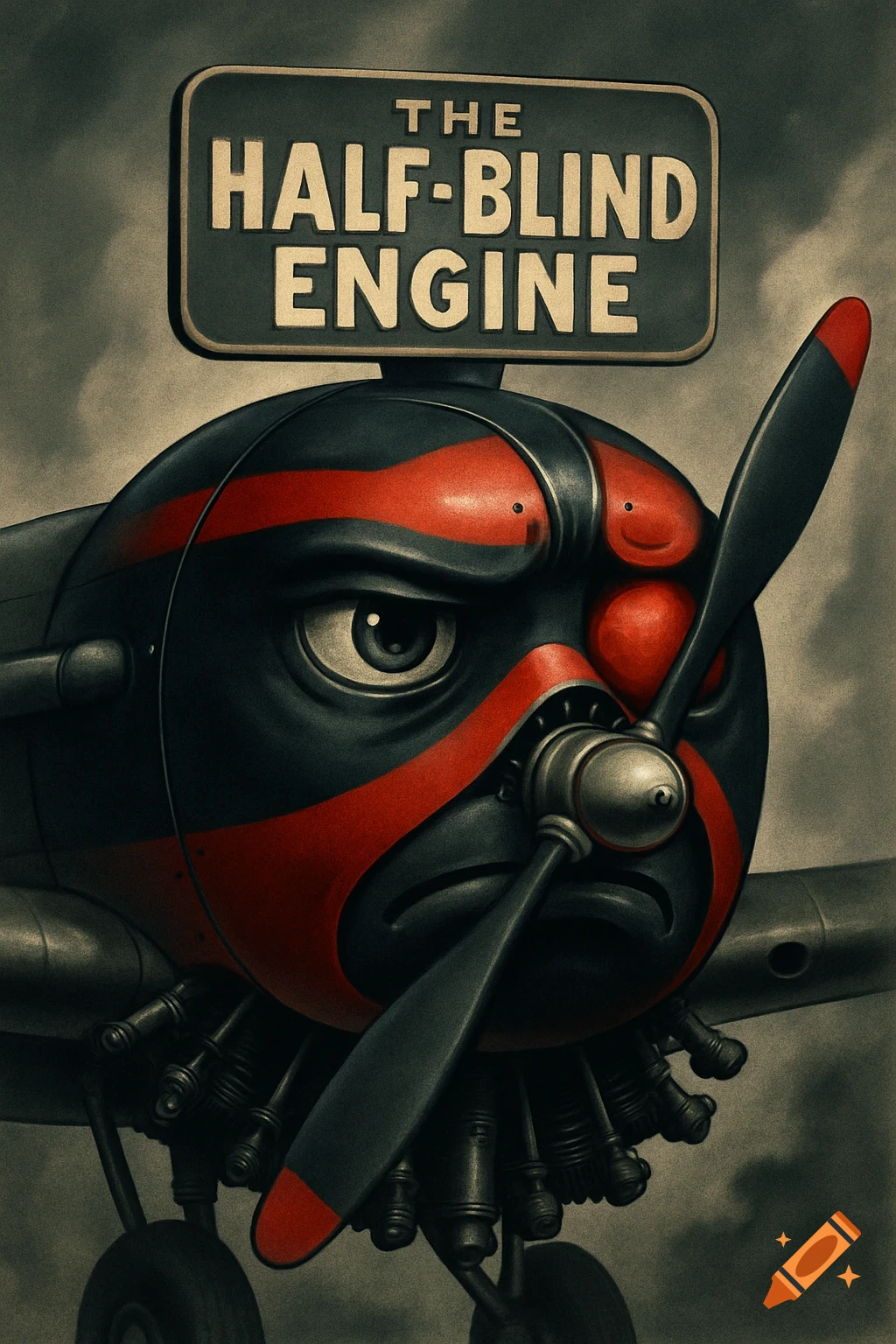 A stylized, black and red anthropomorphic airplane engine with one normal eye and one red, puffy eye, under a sign reading 'THE HALF-BLIND ENGINE'.