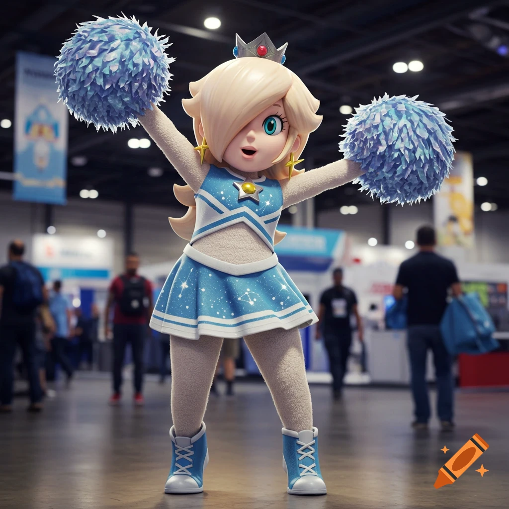3D render of Rosalina as a cheerleader mascot, holding blue pom-poms at a blurred trade show.