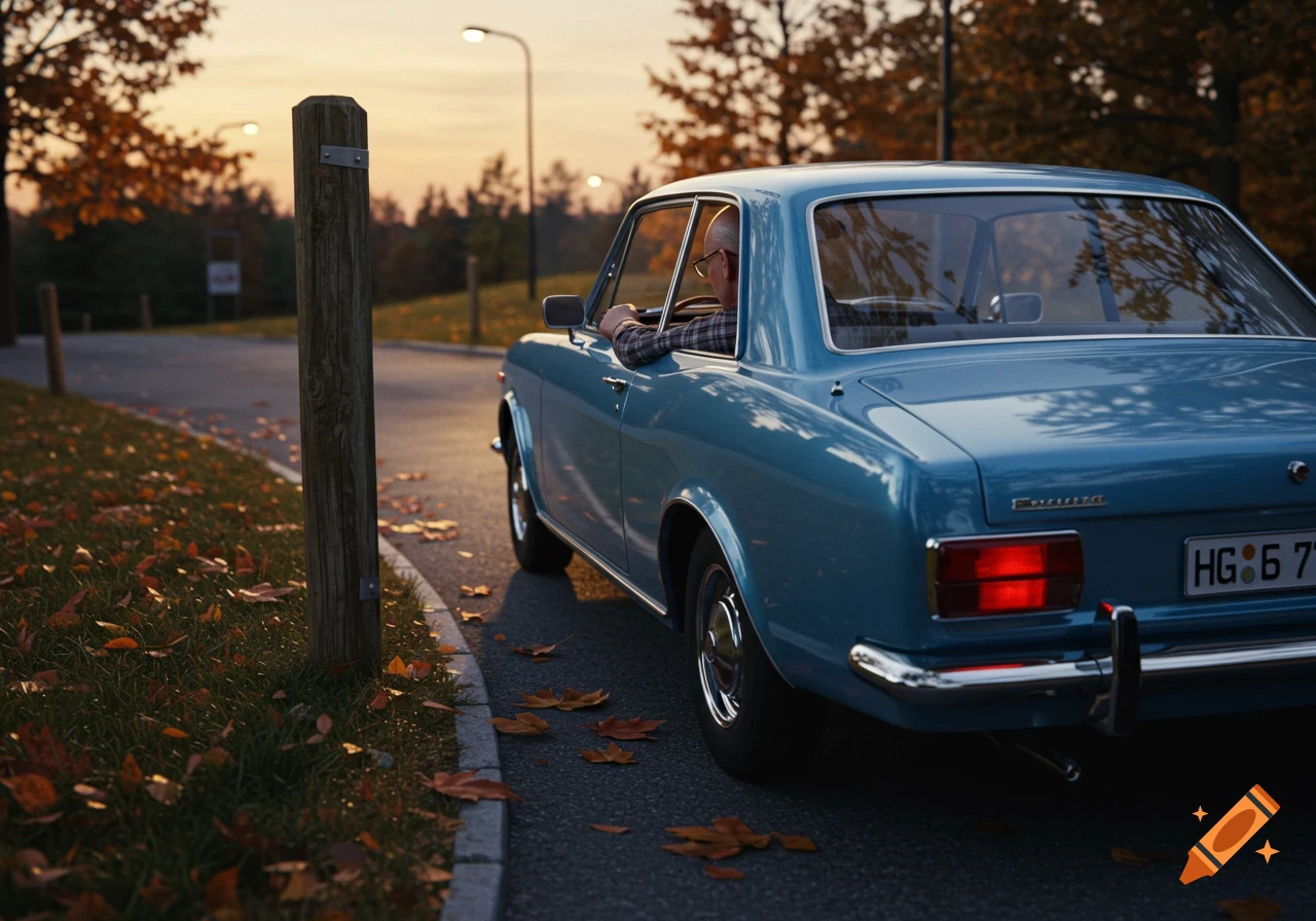A photorealistic image of an old man in a light blue vintage car on a winding road at sunset, surrounded by autumn leaves.