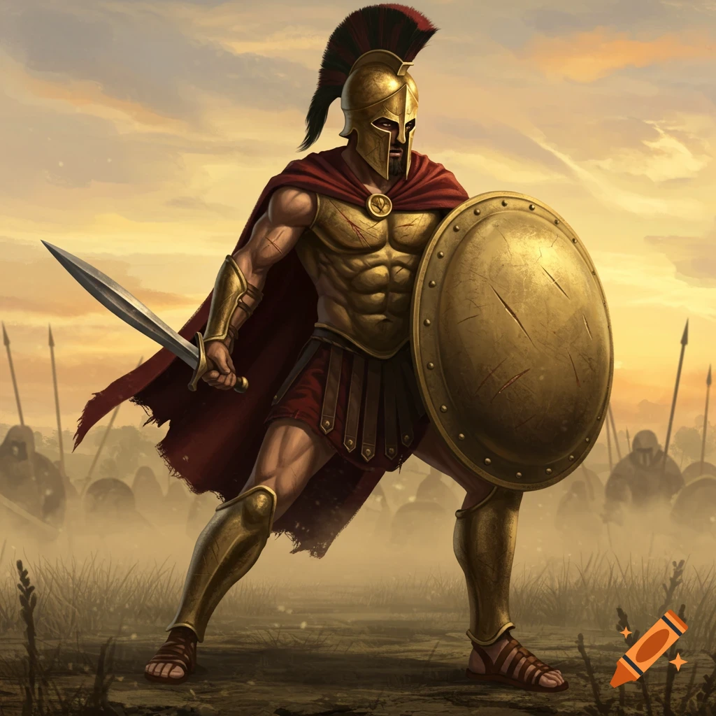 A strong Spartan warrior in golden armor and a red cape, holding a sword and large shield on a battlefield at sunset.