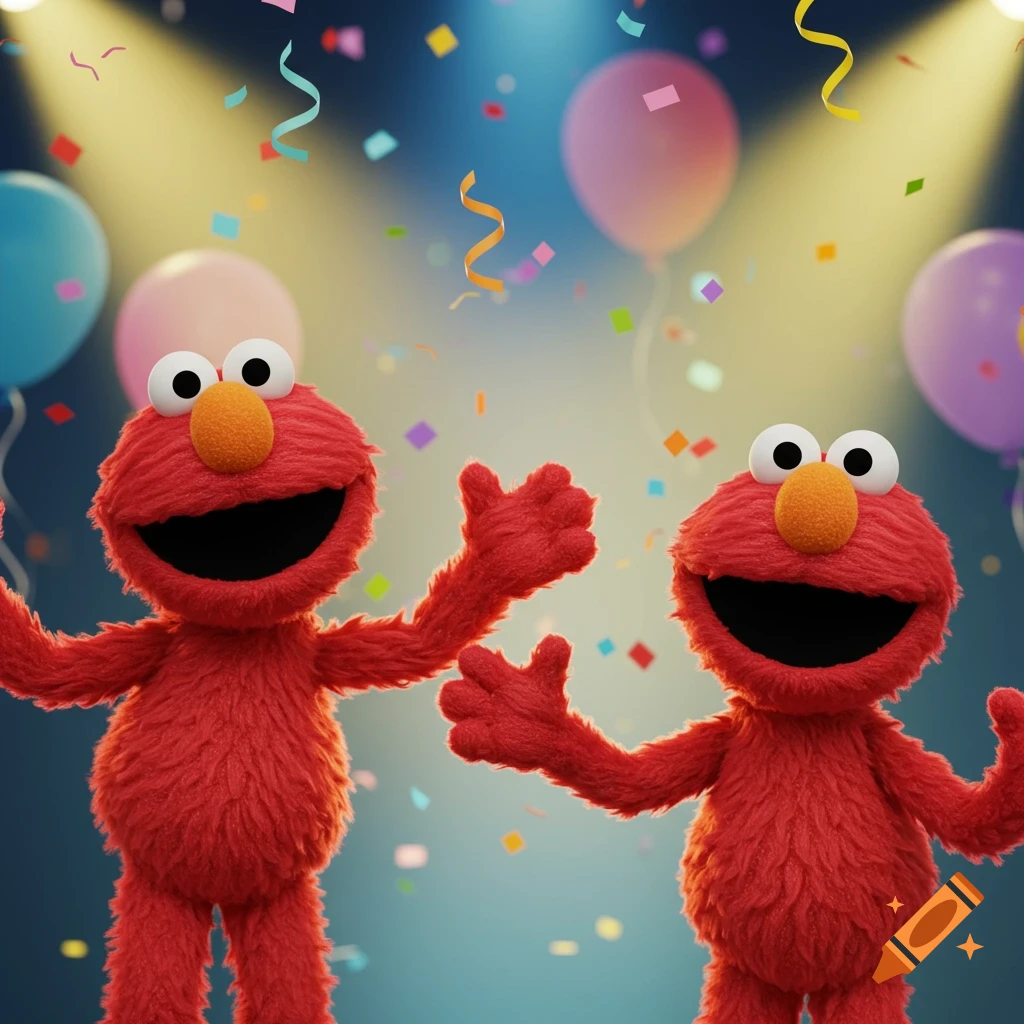 Two red Elmo puppets, hands raised, smiling broadly amidst falling confetti and colorful balloons under spotlights.