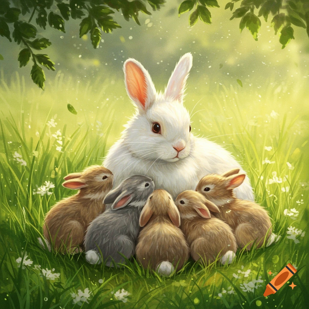 A white mother rabbit cuddles with her five brown and gray kits in a vibrant green meadow under leafy branches, digital art.