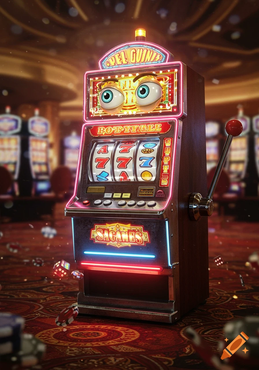 A detailed 3D render of an anthropomorphic slot machine with large blue eyes, set in a dimly lit casino with scattered chips and dice.