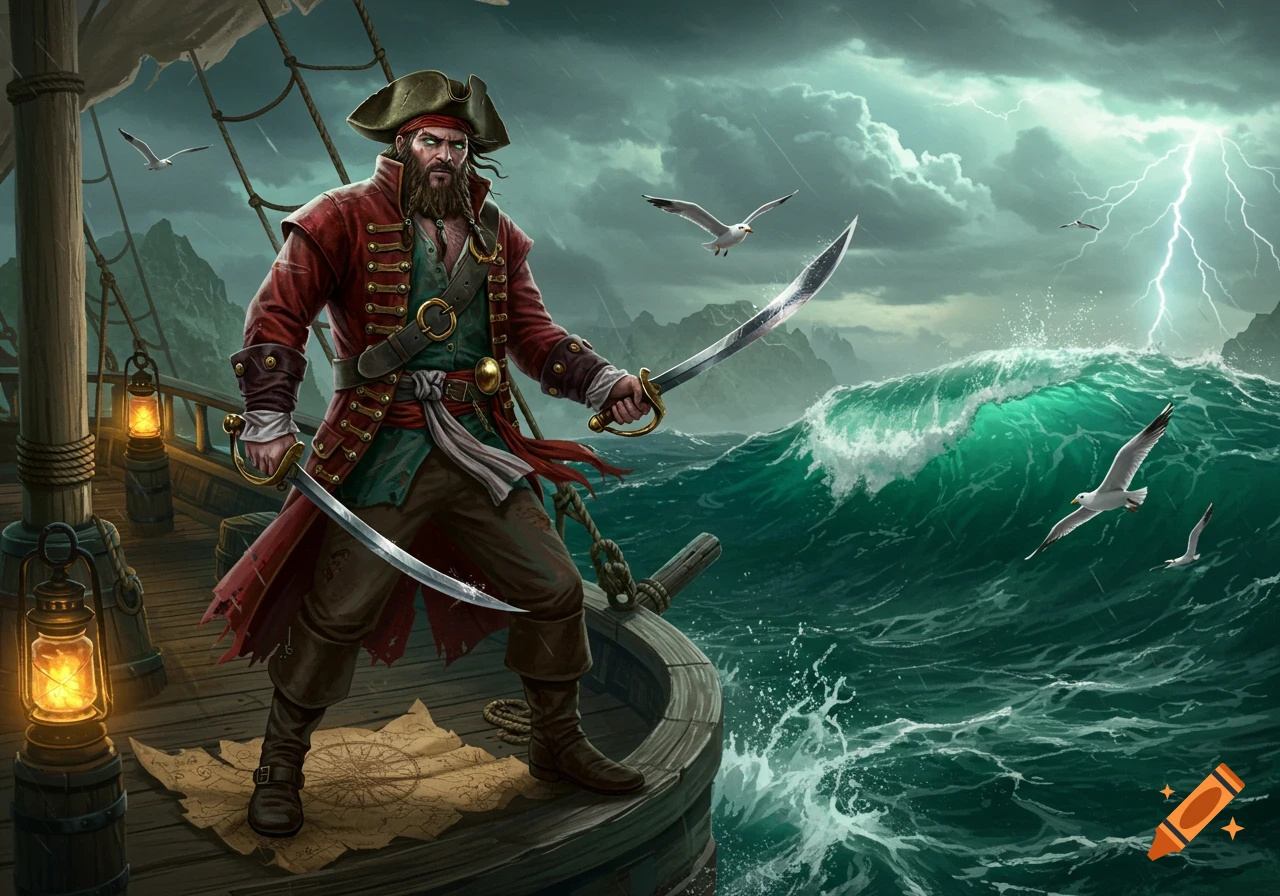 A bearded pirate with two swords stands on a ship in a stormy sea with lightning, illustrated in a fantasy art style.