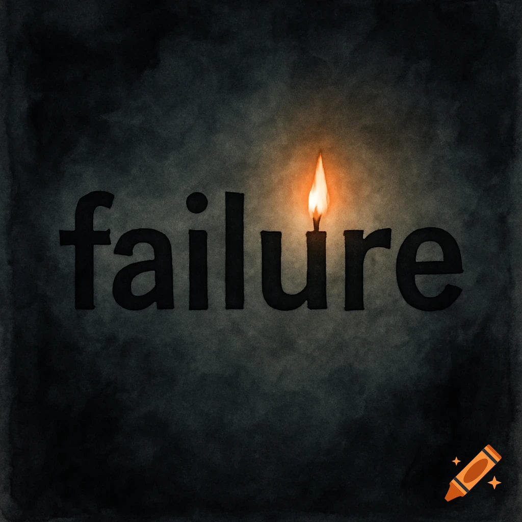 The word "failure" in dark watercolor on a dark background, with a small candle flame above the "i" instead of a dot.
