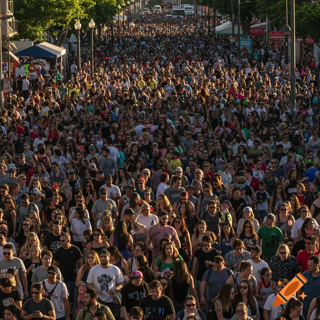 A dense crowd of people fills a wide street, viewed from an elevated perspective during an outdoor event.