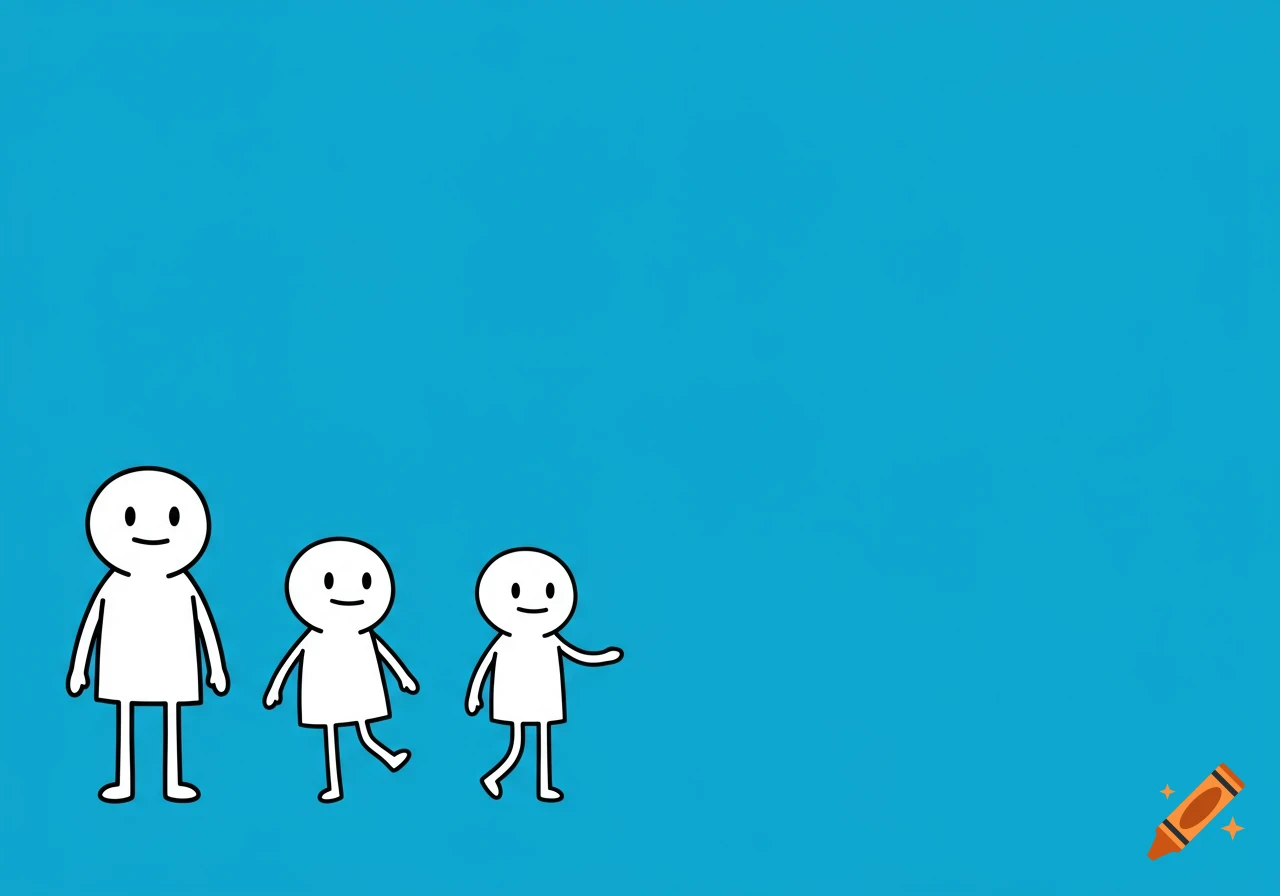 Three white stick figure characters with simple smiling faces stand on a bright blue background in a cartoon style.