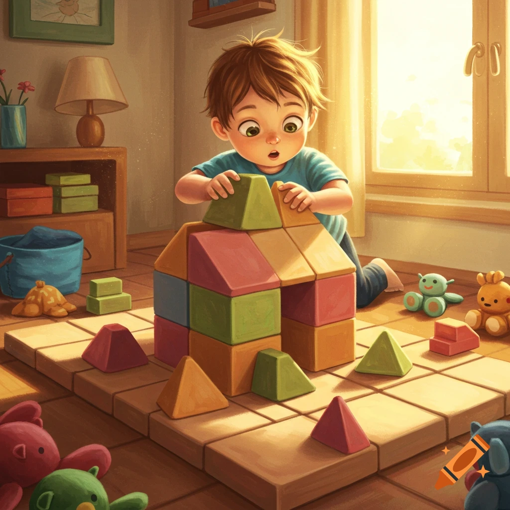 Illustrated young child building a colorful block house in a sunlit room filled with toys.
