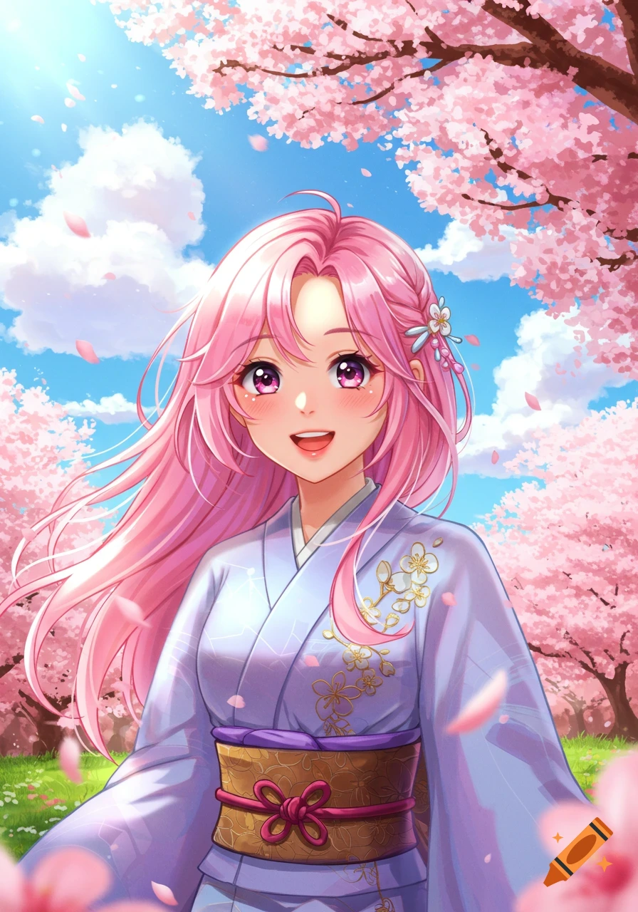 A smiling anime woman with long pink hair wears a light purple kimono, standing under blooming pink cherry blossom trees on a bright day.