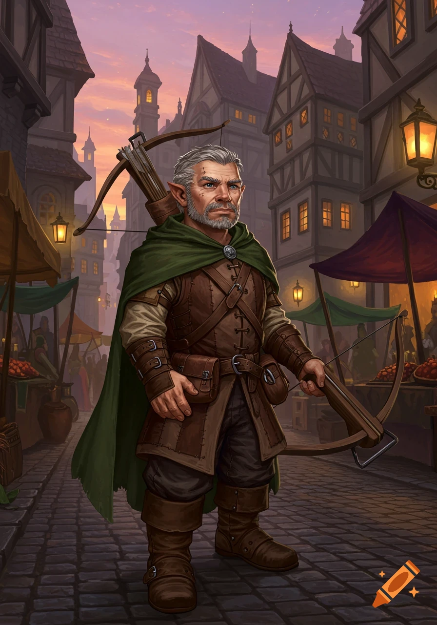 A male halfling ranger with a grey beard, green cloak, and leather armor stands with a crossbow in a fantasy city market at dusk.