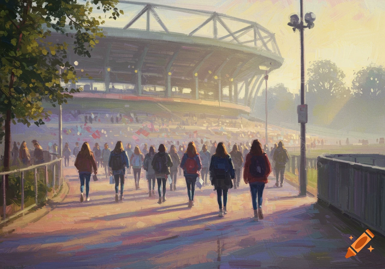 Impressionistic painting of a group of people walking towards a stadium at sunset, bathed in warm, golden light.