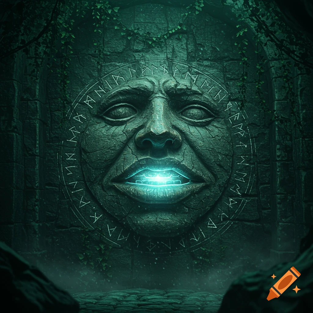 A moss-covered stone wall carving of a face with a glowing blue mouth, encircled by runic symbols, in a dark, atmospheric setting.