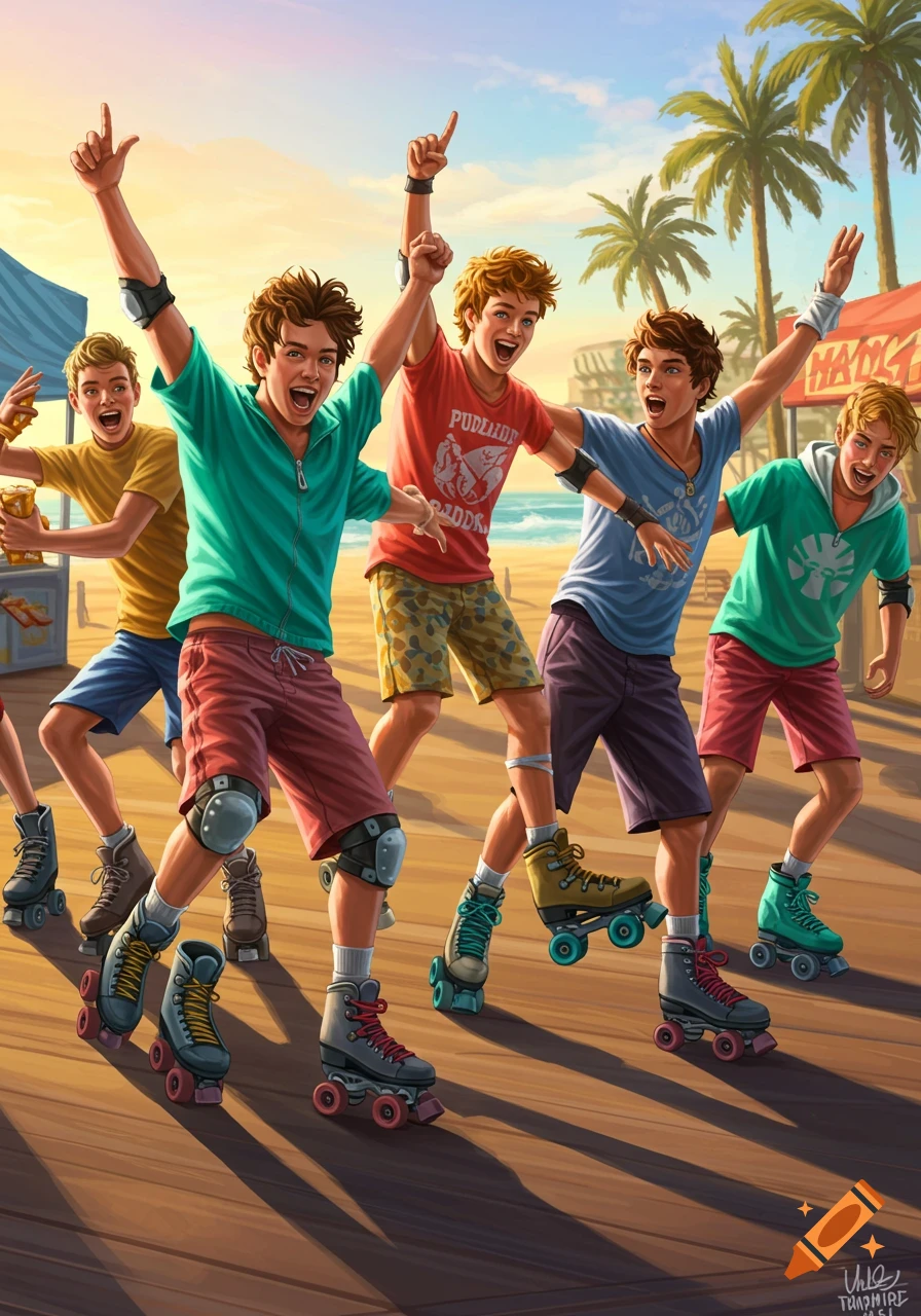 Five young men enthusiastically roller skating on a wooden boardwalk at sunset, with palm trees and a beach in the background.