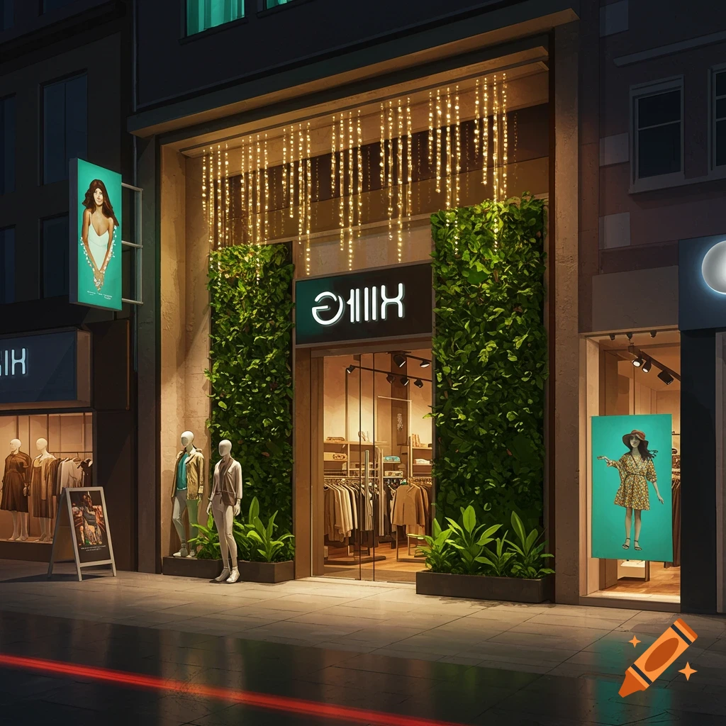 Night view of a modern clothing store with green walls, string lights, and fashion displays with mannequins and banners.