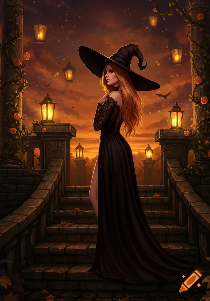 An elegant witch in a black dress and wide-brimmed hat stands on stone stairs adorned with vines and lanterns at sunset, digital painting.