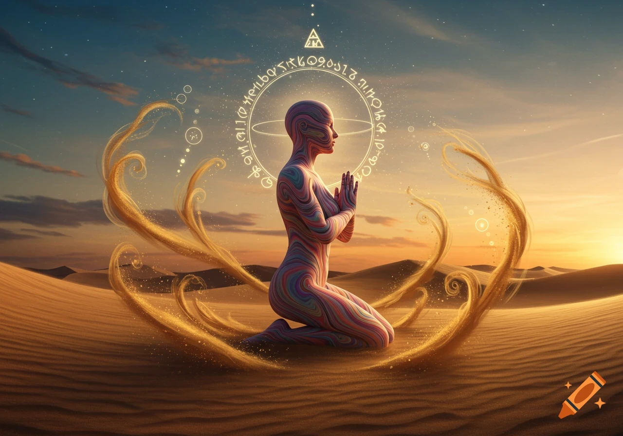 Abstract patterned figure meditating in a desert at sunset, surrounded by golden swirling energy and glowing mystical symbols.