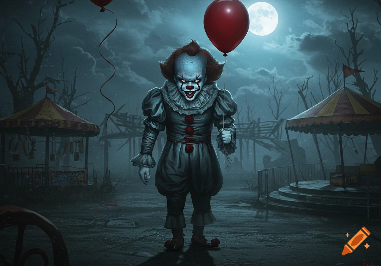 A terrifying Pennywise-like clown smiles menacingly, holding a red balloon in a dark, abandoned carnival at night under a full moon.